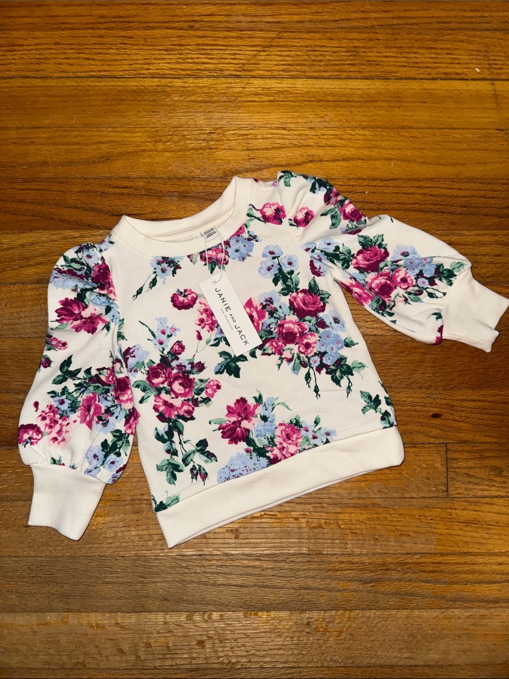 Janie & Jack Baby Girl Cream Floral Puff-Sleeve  Sweatshirt